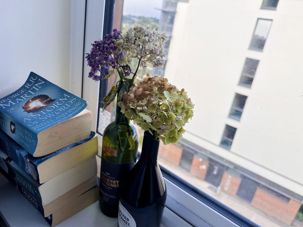 Books and flowers on a windowsill