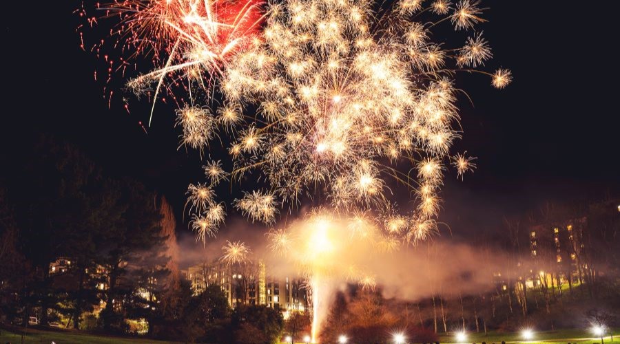 Fireworks in front of the University's accommodation blocks