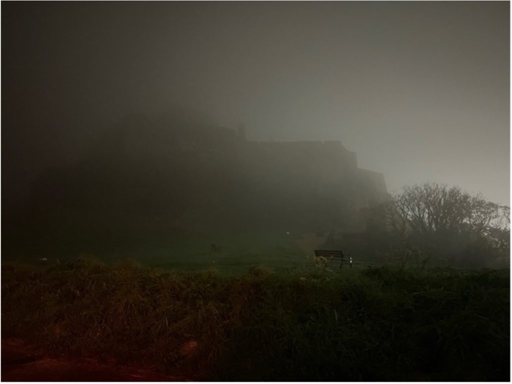 Mont Orgueil (Gorey) Castle hidden behind the fog. 