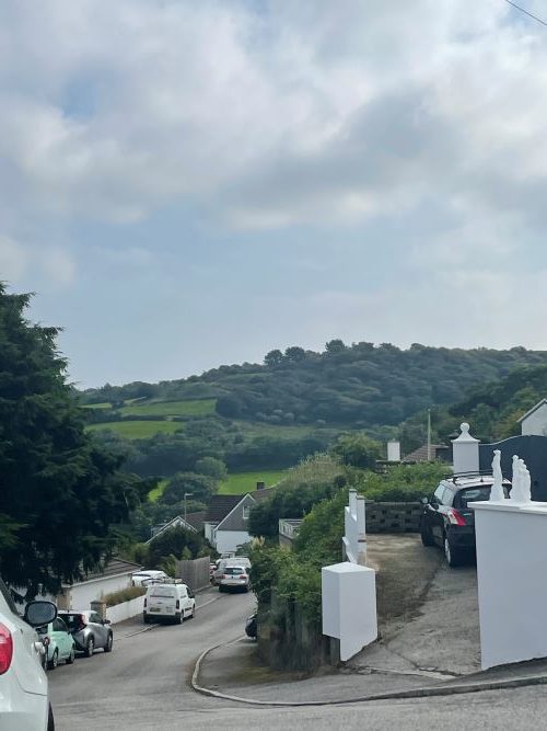 A Cornish street with green hills behind