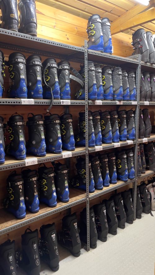 Rows of identical black and blue ski boots on wooden shelves