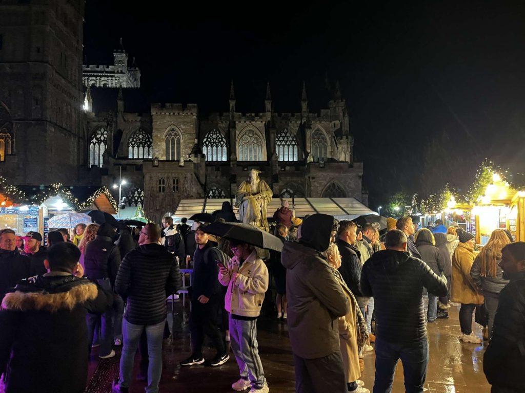 Picture of the Exeter Christmas Market, at night.