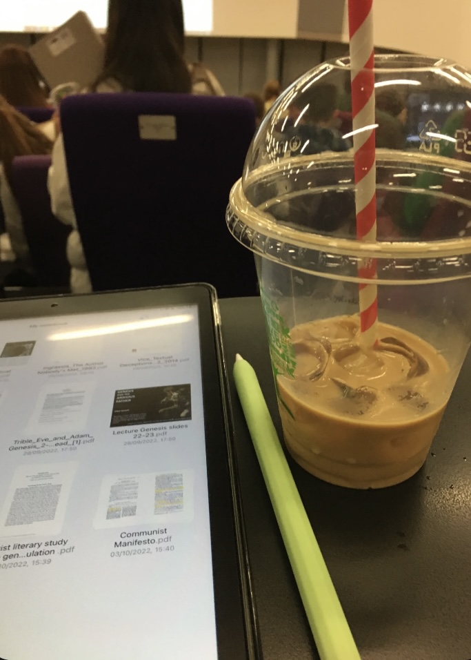 Image: In a lecture theatre with iPad notes and coffee