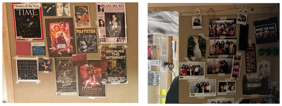 Two photos showing pin boards coved with group photos, film posters and magazine cuttings