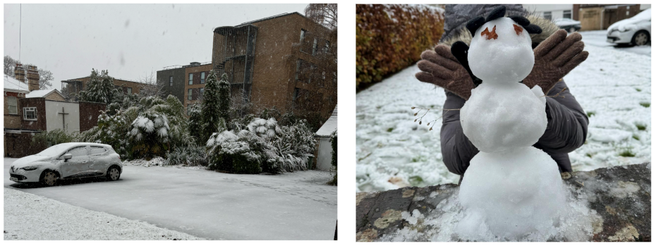 One photo showing a snowy carpark outside a student accommodation block, one photo showing a student crouched down behind a small snowman