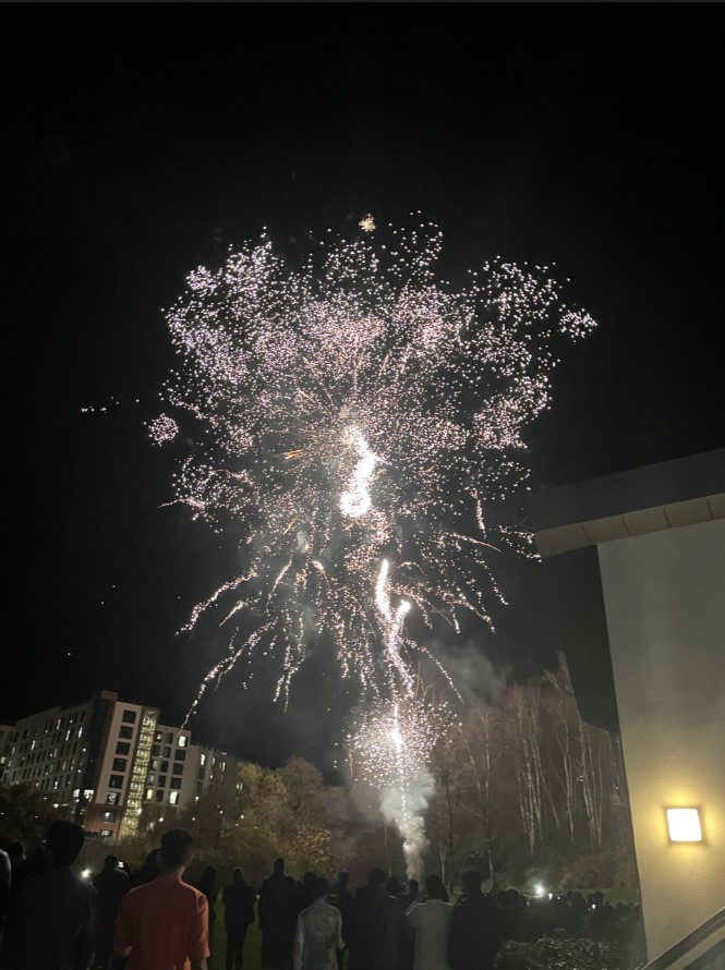 Large firework in between University buildings