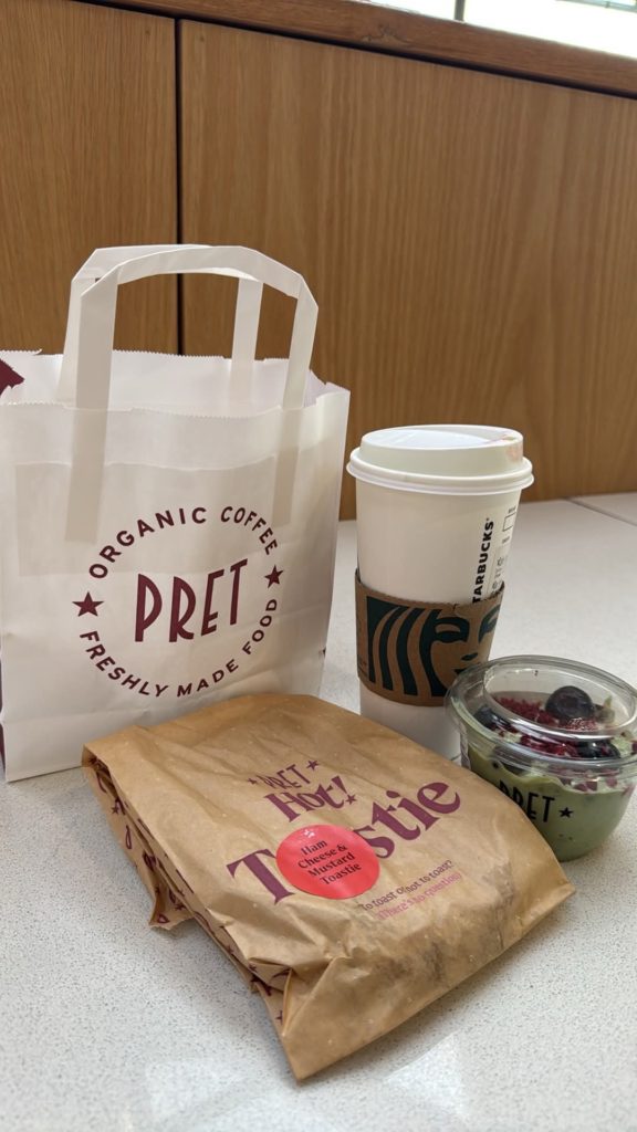 Selection of takeaway food from Pret A Manger and a hot drink from Starbucks