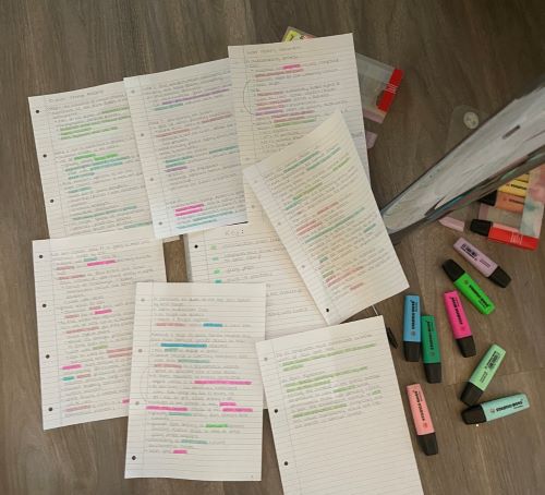 Many pages of handwritten revision notes and multicoloured highlighters