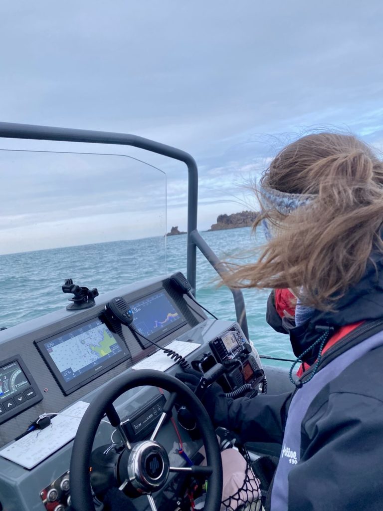 Me driving the Jersey Marine Conservation (JMC) rib out to Corbiere lighthouse.