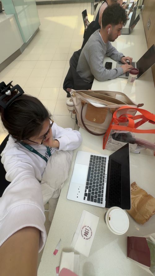 Student working on a laptop at a desk in the Streatham Campus Forum