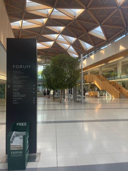 Empty atrium hall of the Forum building, Streatham Campus