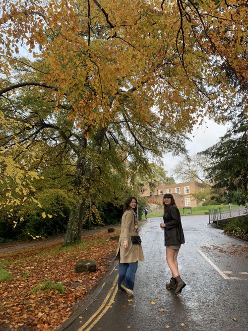 Two female students on Streatham Campus in the autumn