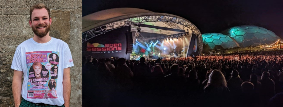 Two photos - one of a Kingsley in a My Chemical Romance t-shirt and one of a large concert taking place at night amongst Eden Project bio domes