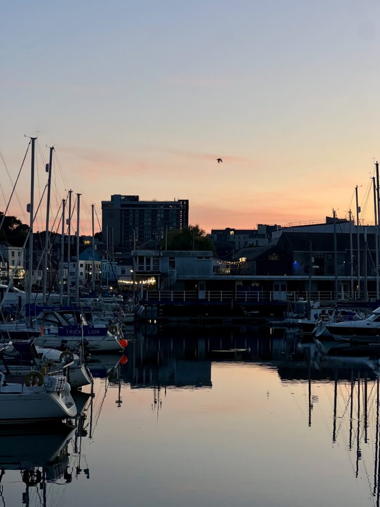 The sun setting over Sutton Harbour, Plymouth, taken from Miller & Carter