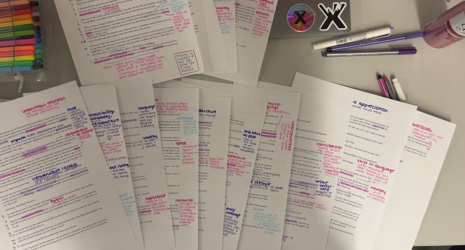 Pages of multicoloured handwritten notes