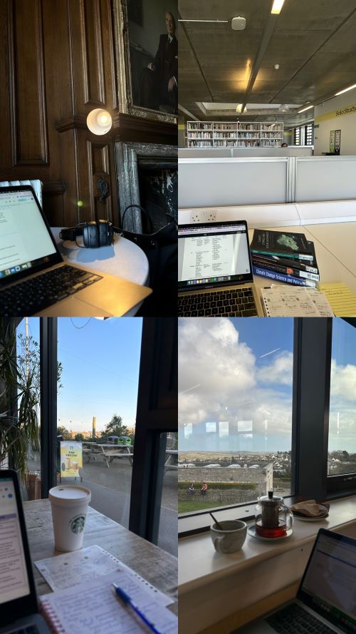 Collage of four images of studying on a laptop in different places