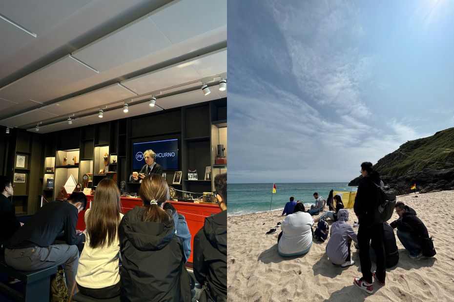 Two photos of students, one at Porthcurno Museum and Porthcurno Beach