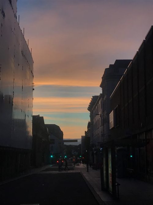 A street in Exeter at sunset