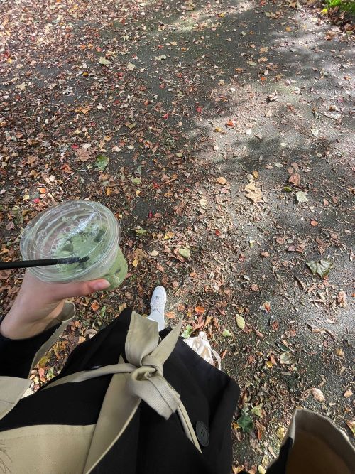 A hand holding an iced matcha on a pavement covered in autumn leaves