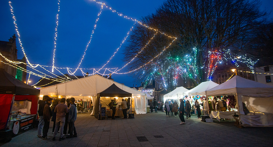 Falmouth Christmas lights and market stalls