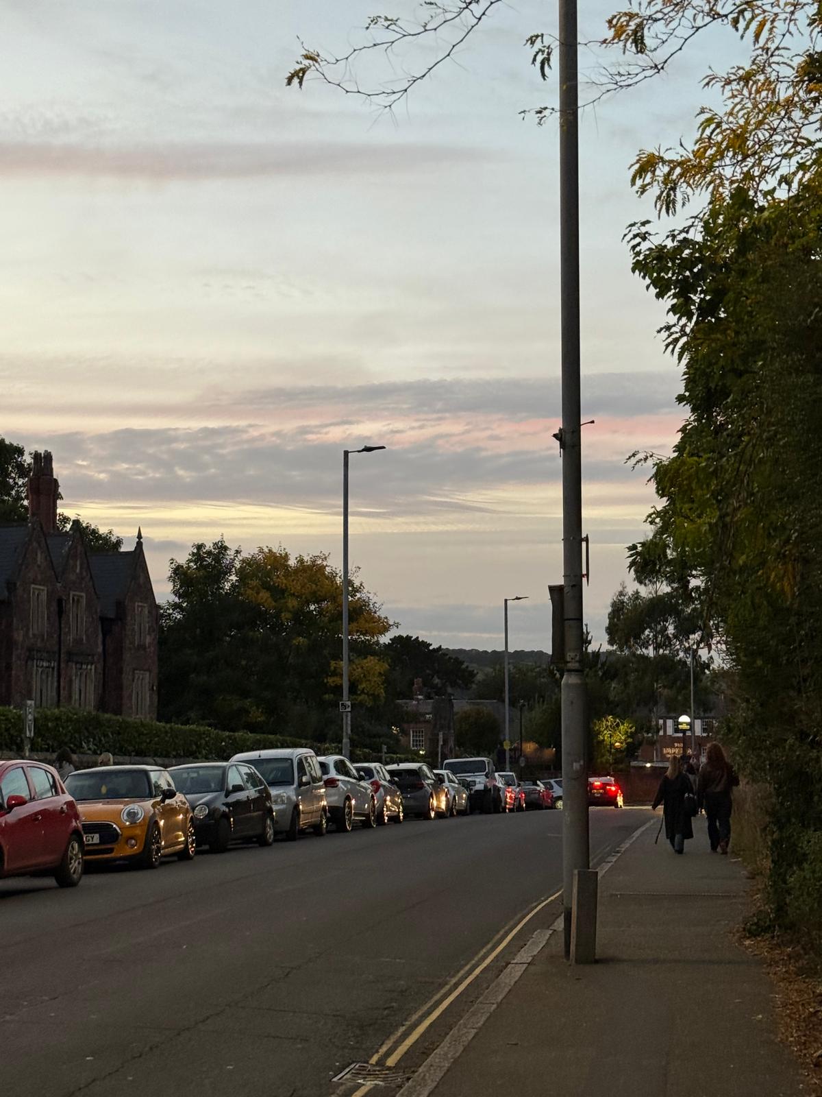 Evening view near the University of Exeter campus, showing a quiet residential street lined with parked cars, historic brick houses, and leafy trees under a pastel sunset sky.