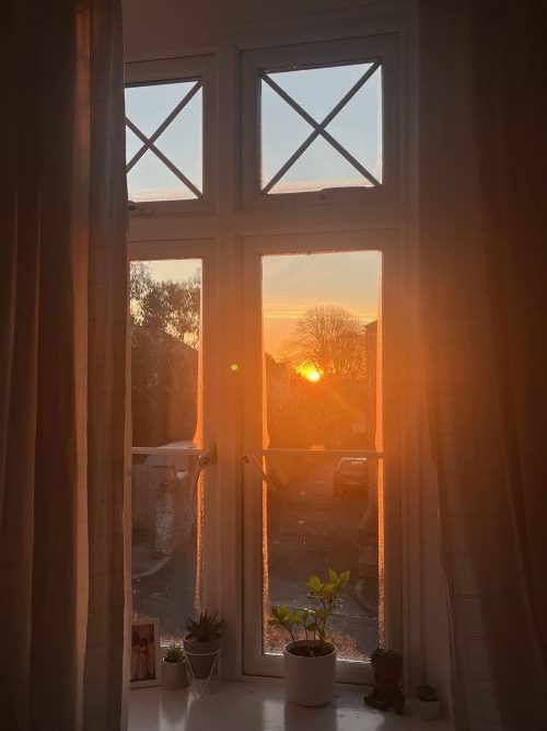 The sunrise shining in through my bedroom window