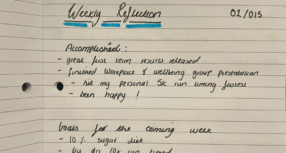 A handwritten page of 'weekly reflection' notes