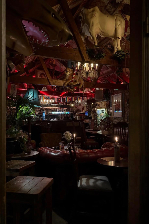 A cosy pub with candles, sofas, plants, quirky decorations and the bar. 