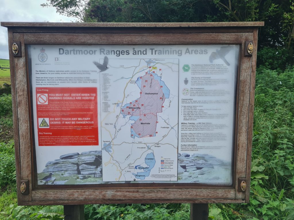 Noticeboard showing a map of Dartmoor Ranges and Training Areas.