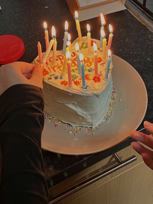 A birthday cake with many candles.
