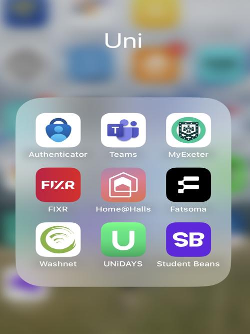 Some helpful apps to download for uni, including MyExeter, Teams, Home@Halls, FIXR and UNiDAYS.