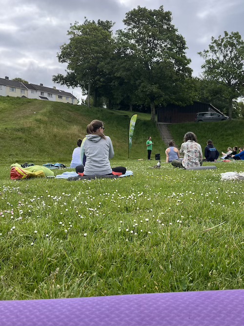 A group of people sitting on yoga mats in a park with grass, daisies and trees