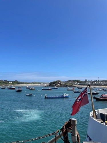 A harbour with boats docked and beaches in the background. 