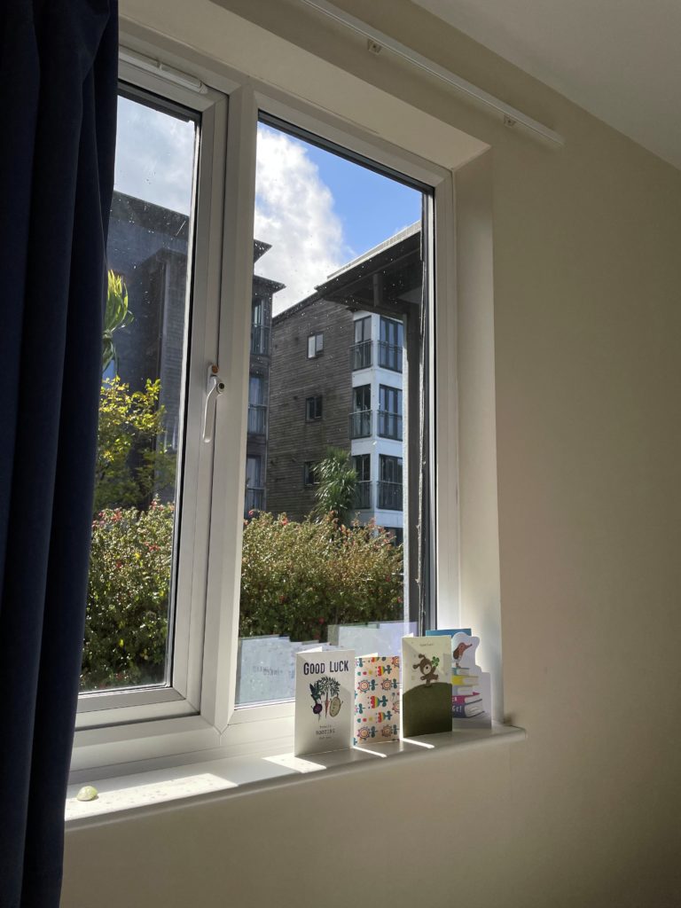 Window looking out to flats, with cards on windowsill and blue sky with clouds.