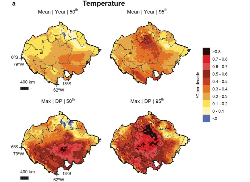 Four maps of Amazonia showing the rate of temperature increase per decade; the 95th percentile maps show a dark central-north hotspot absent from the central-trend maps