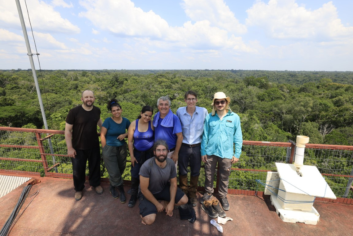 Amazon PyroCarbon Project team on the ZF2 research tower above the central Amazon forest canopy, Manaus, November 2024