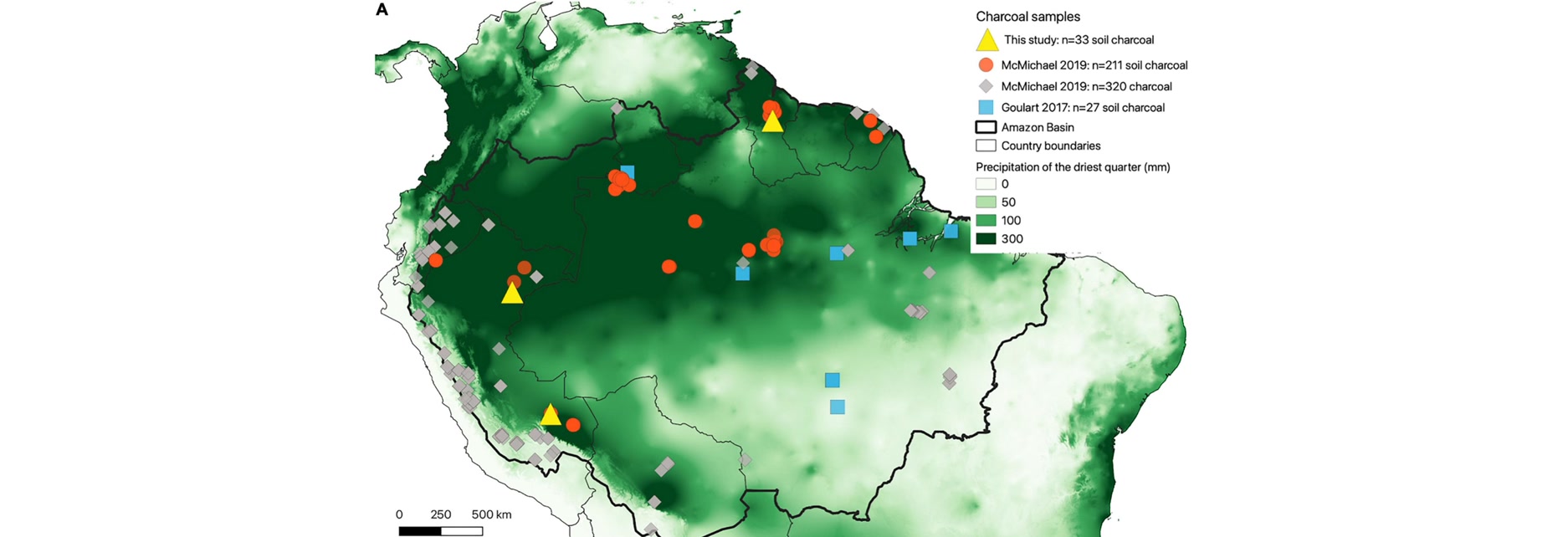 Map of the Amazon Basin showing the three study sites in Guyana and northern and southern Peru, with earlier charcoal records, over a gradient of dry-season rainfall.