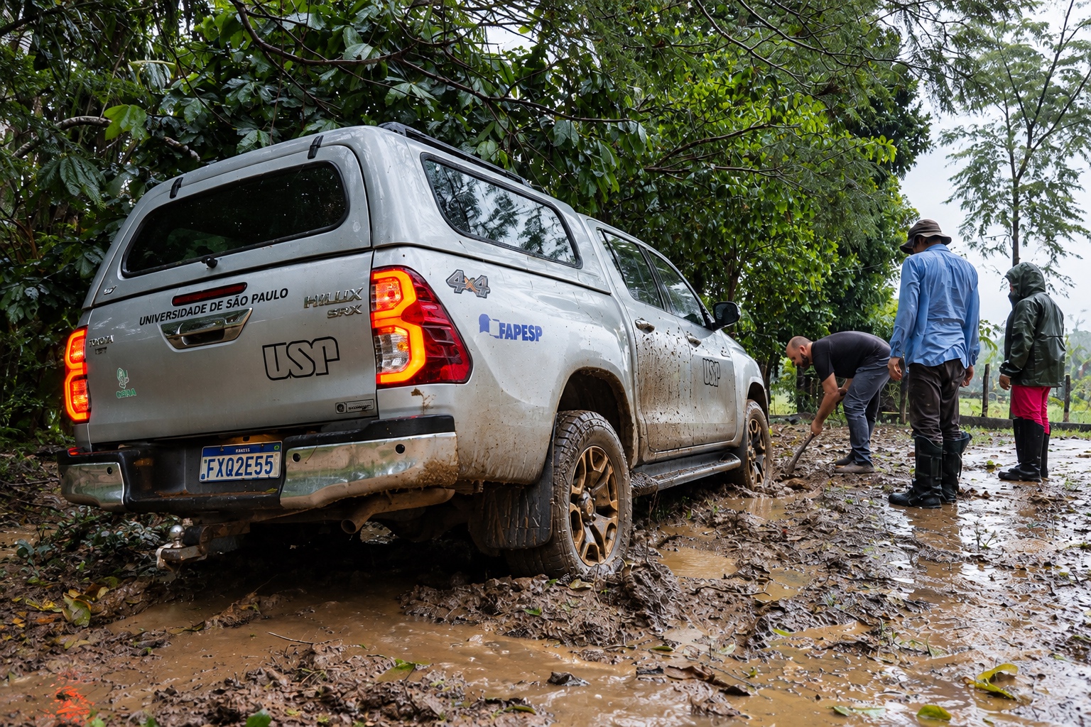 The PyroCarbon Project team works to get the truck unstuck after a heavy downpour.