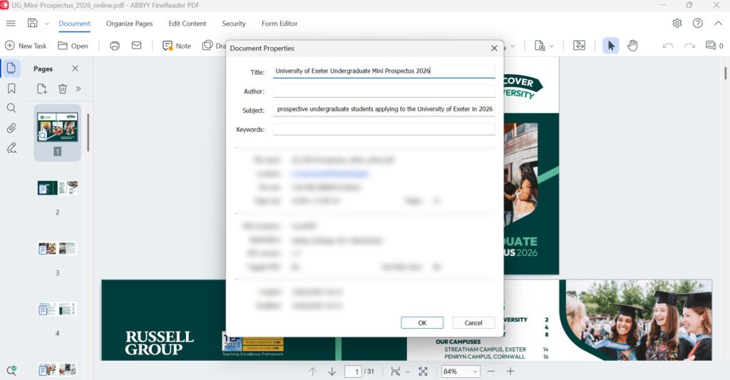 ABBYY finereader document properties window showing a pdf title and subject being added.