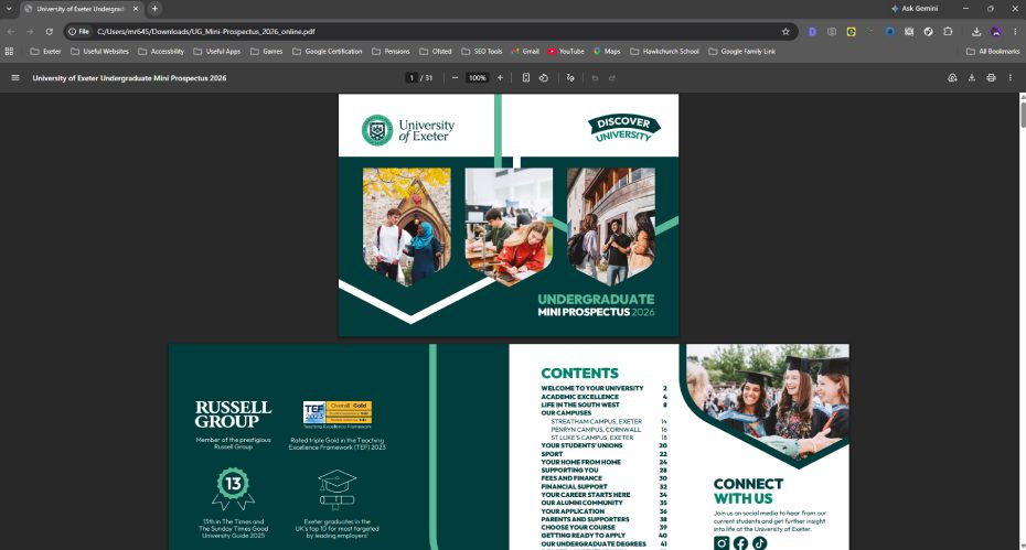 Screenshot of a pdf opened in a web browser showing the document title university of exeter undergraduate mini prospectus 2026.