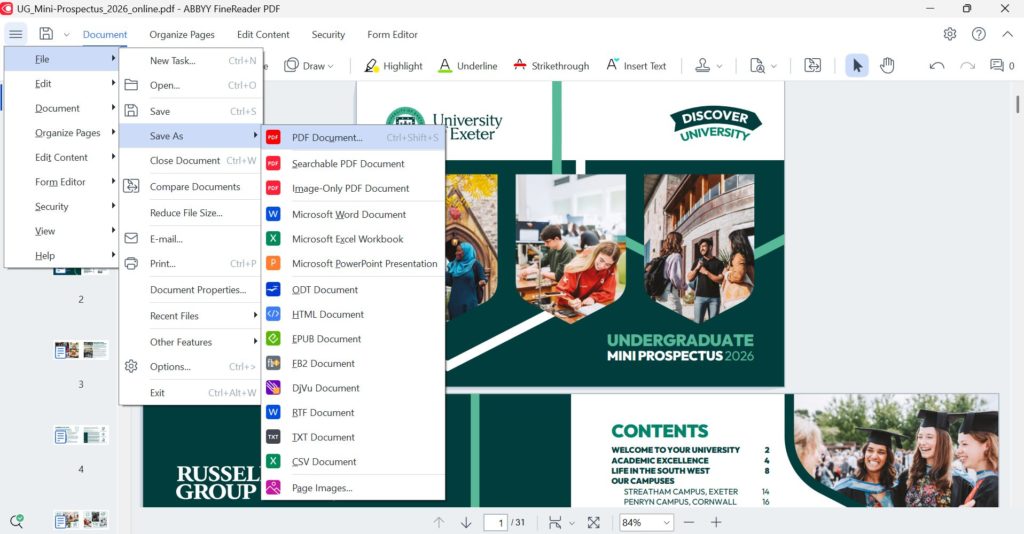 ABBYY finereader menu showing the save as option for saving an updated pdf document.